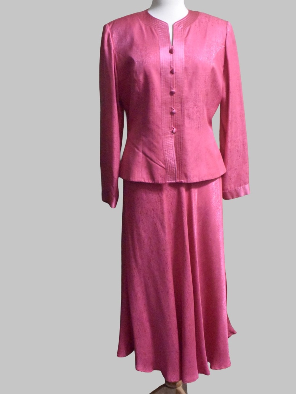 VTG Adrianna Papell 100% Silk Skirt Suit Set Pink 12 Textured Two Piece Midi